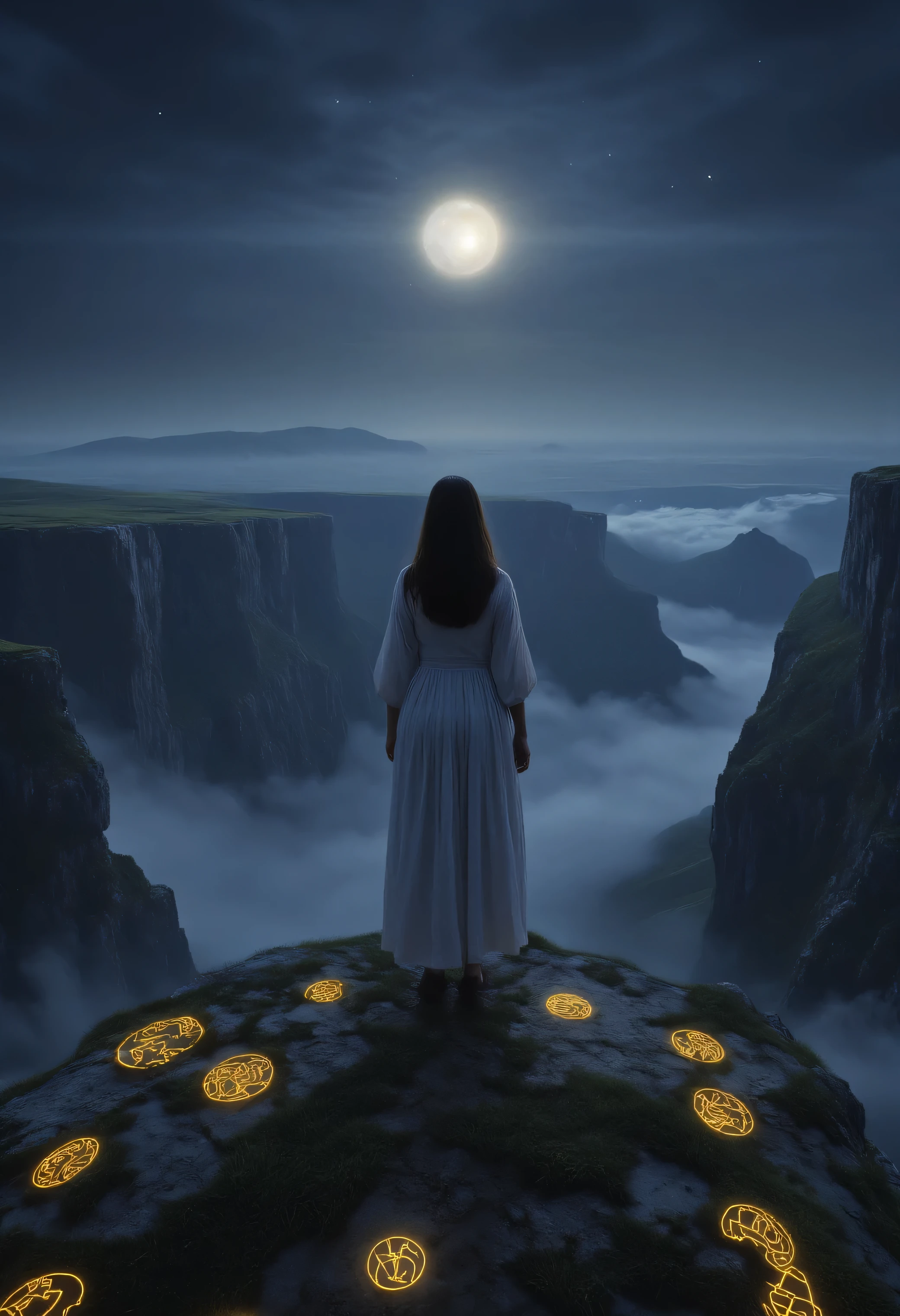 woman standing at a cliff with a low battery emoji above his head, cleavage desolate dystopia void realm outdoor at nighttime, glowing planet in the sky, foggy , glowing hieroglyphs in the grass, a glowing hieroglyph energy orb portal masterpiece, , epic composition, photorealistic, high quality, extremely detailed