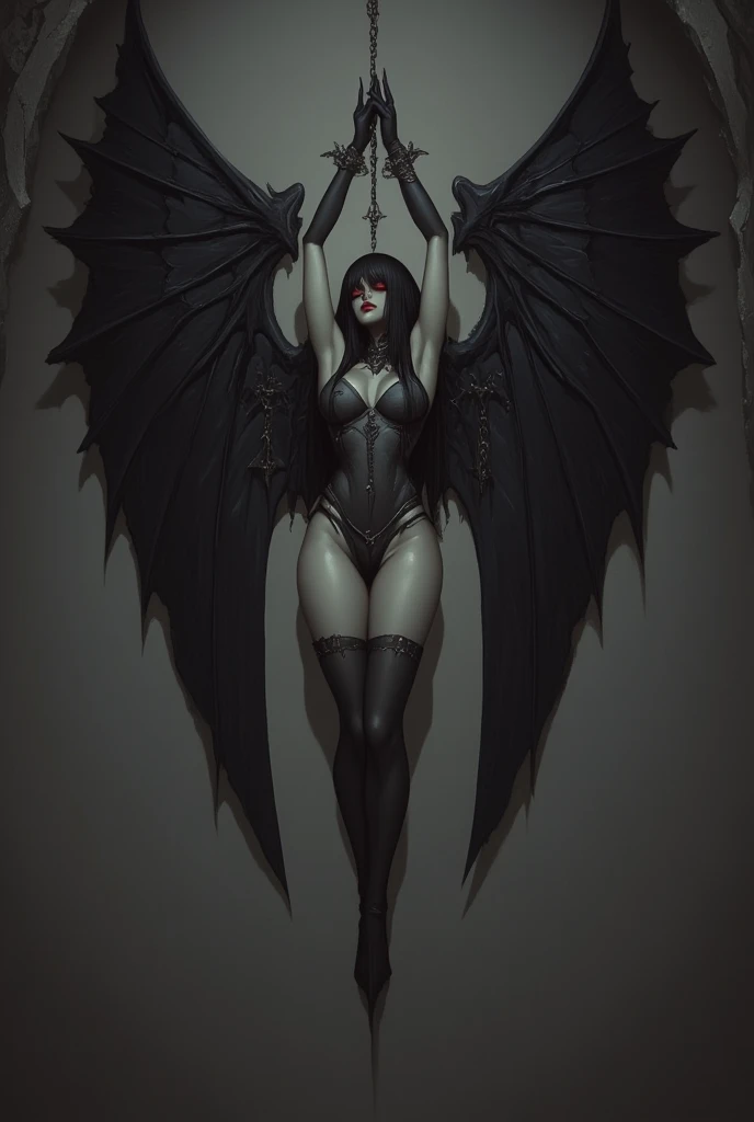 bs, solo, simple background, monochrome, greyscale, bodysuit, black background, 1other, monster, arms at sides, horror (theme) there is a large-breasted woman in the picture with her arms torn off and her face bleeding, ravens flying in the background, stocking, hot lingerie, big boobies, red paint splatted on it