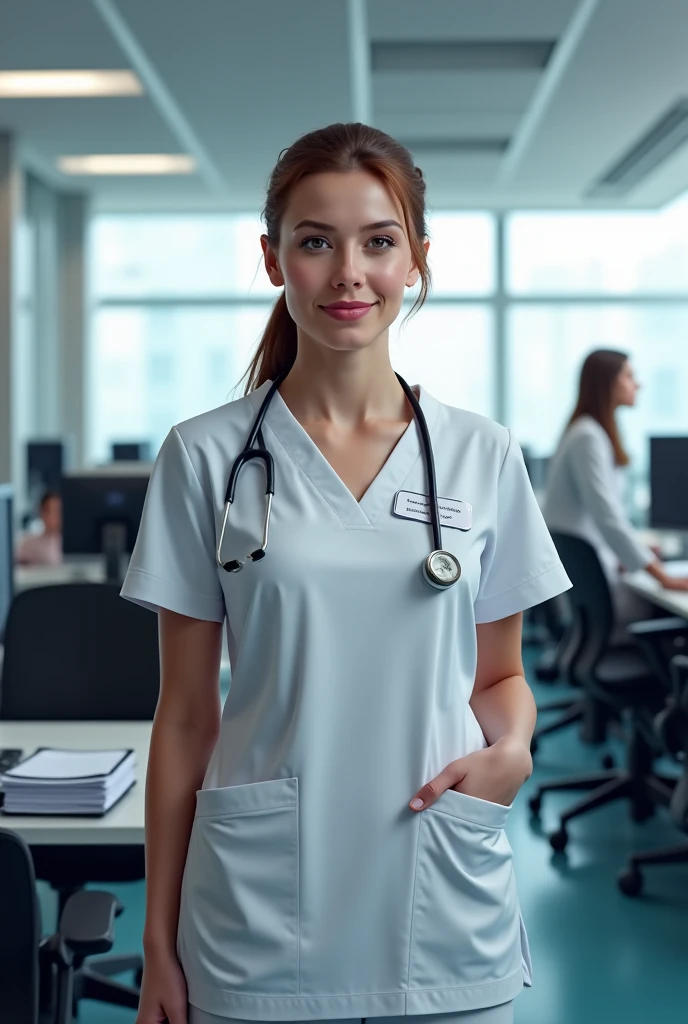 Sexy nurse talk to on call phone big breast