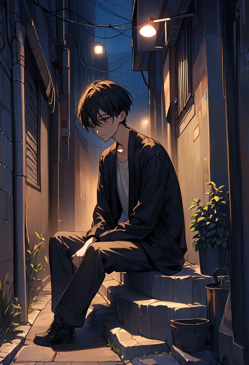 ,Masterpiece, Best quality,8K, 超高分辨率,(中景 the scene is),In the footage of the night,Rain drips on the barren garden。Lonely man sitting on grass,The body hangs slightly,There was endless sadness in his eyes。He is surrounded by withered flowers and broken sculptures,Symbolizes his heavy heart。Faintly glowing street lamp in the distance,Like bleak hopes,It adds a touch of melancholy to the whole picture。