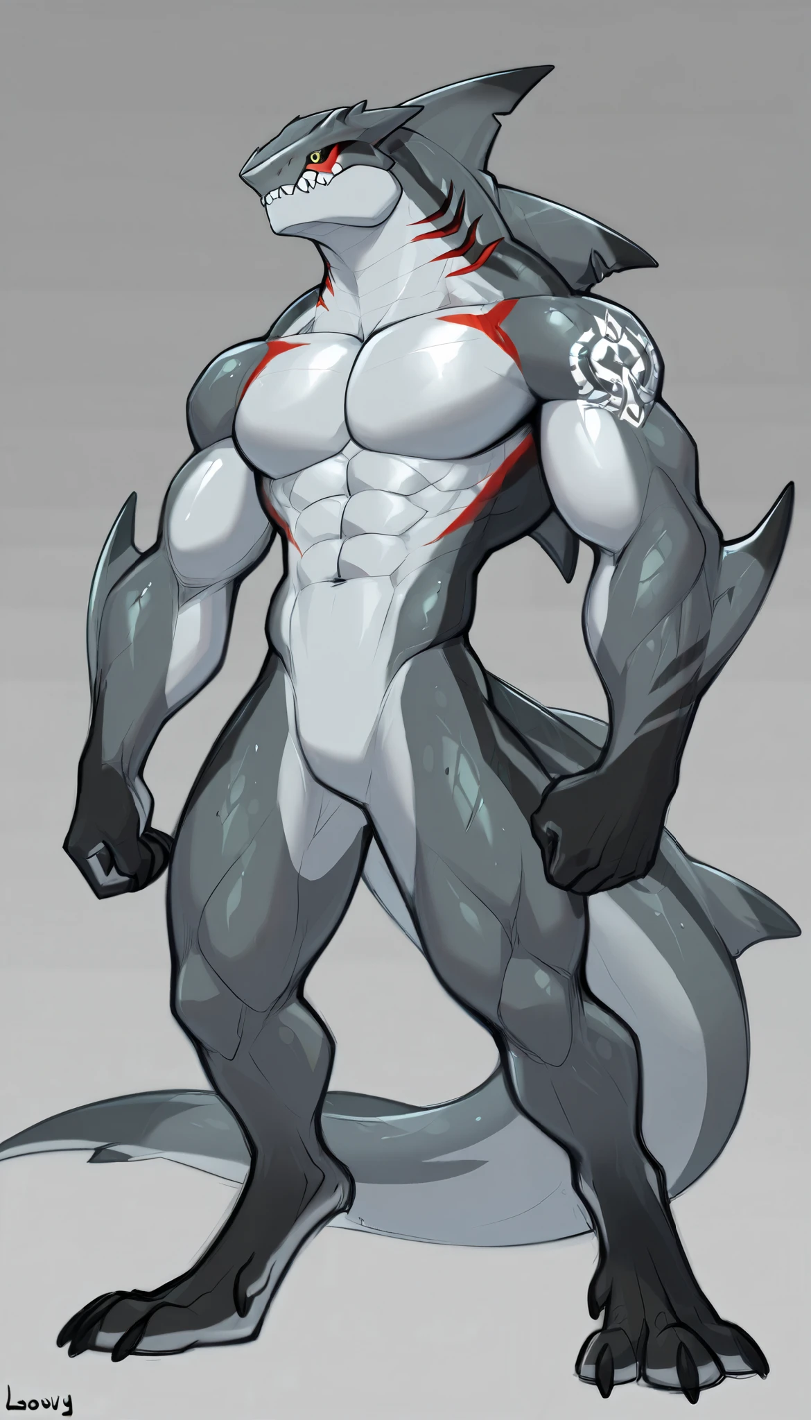 sharkman, anthro megalodon, darker hands and fins, black back, solo, big arms, bara, detailed skin, lizard shark hybrid, anthro, closed mouth, polynesian tattoos, tattoos covering arm and shoulder, detailed scalie skin, scalie arms, fins on arms, gray color body, beefy, thick scales on arms, digitigrade legs, proporcional body, mercenary pants, wide chest, trapezoid body type, marked jaw, 4 toes, thick shark tail, The design incorporates elements from various shark species, such as the dorsal fin, sharp teeth, and muscular build, best quality, sketch, ultra-detailed, by laobai, by honovy, by Riolutiny, detailed illustration of 4K horror, standing ready to fight