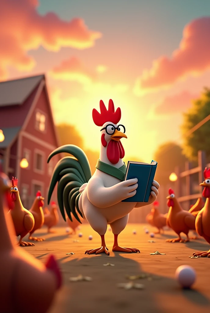 Rooster training another with a notebook on its wing