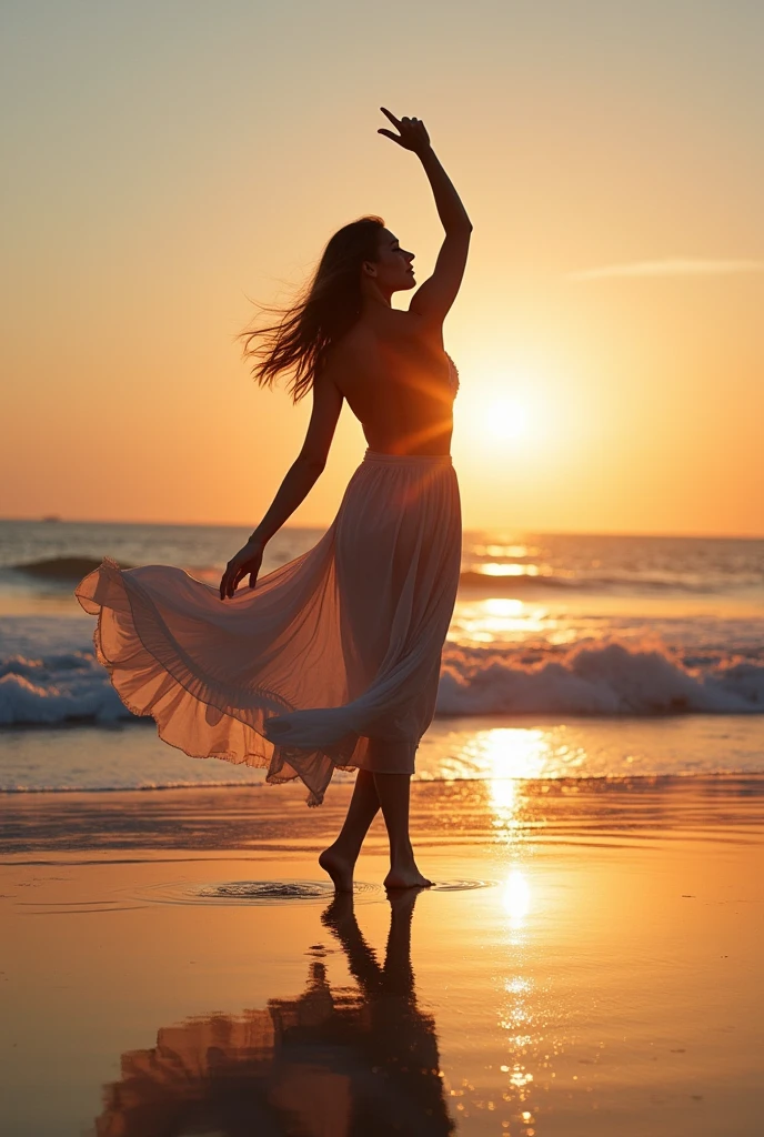 (8K, top-quality, masterpiece: 1.2)
(realistic, Photorealistic: 1.2)
A stunning woman, clad in a vibrant resort dress, strides confidently along the pristine white sand beach in Hawaii. The sun sets majestically behind her, casting long, golden shadows on the sand. Her dress flows gracefully around her, revealing an alluring glimpse of her toned legs. Her arms swing gently at her sides, leaving trails of light in the air.
Her hair cascades down her back in soft, golden waves, catching the sun's rays and shimmering brilliantly. Her eyes are bright and inv