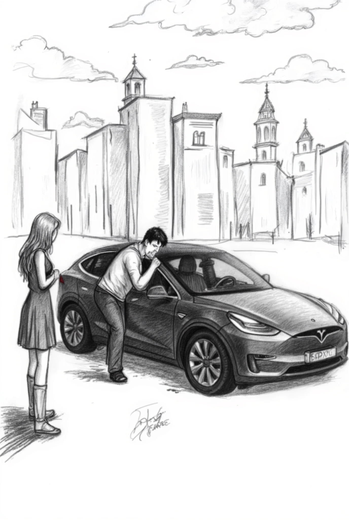 in pencil style
to create a TESLA CAR. town, black and white style in pencil , a man sits hunched over in a car, a girl stands next to the car 1:3 , illustration, штриховка, девушка далеко от авто