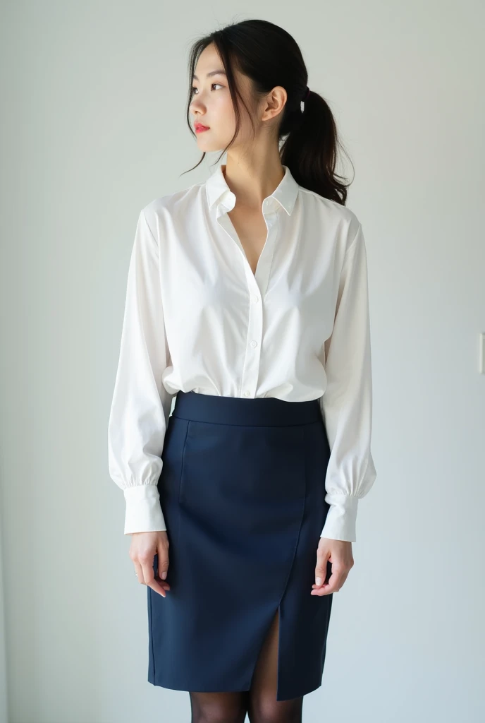 mini skirt, (skirt lift:1.3), (from bottom:1.3), master piece , best quality , japanese , cute face , 25 years old , (symmetrical clear eyes:1.3) , shining eyes , looking at viewer, curvy