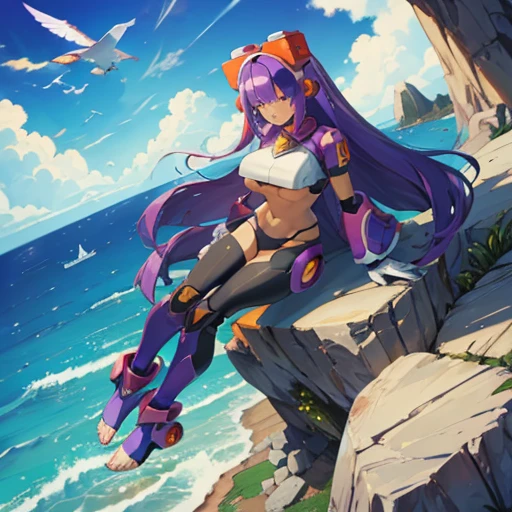 layer_megamanx, 1girl, solo, long hair, purple hair, blunt bangs, hair over eyes, large breasts, dark skin, dark-skinned female, android, underboob, robot ears, overlooking the ocean on the edge of a rock, in the style of avian-themed, realistic yet stylized, villagecore, azure, orange and azure, dragoncore, aerial view