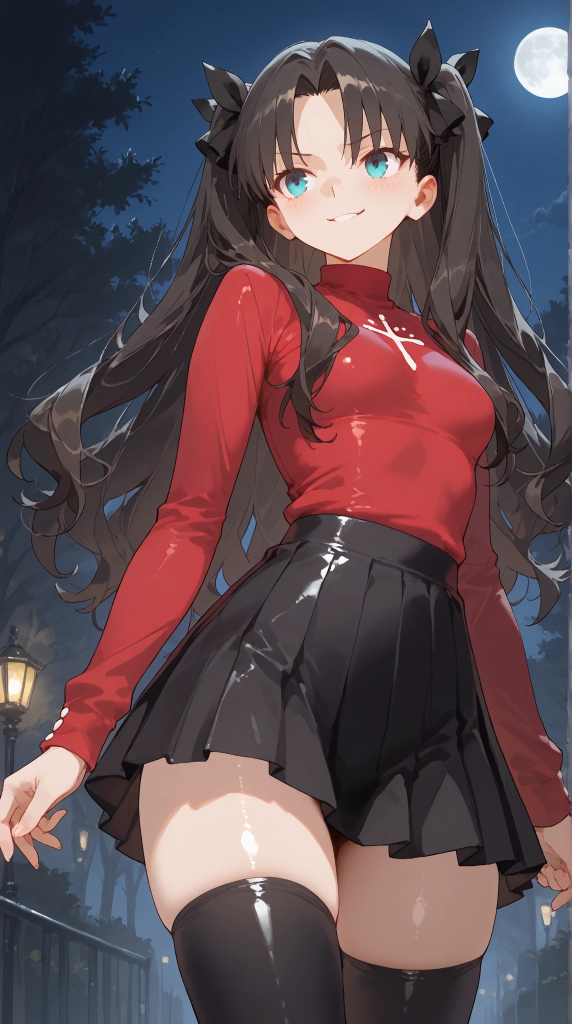 rin tohsaka, anime series, fate stay night series character, defined eyes, physically attractive body, defined hands, defined face, cute face, big chest, thick legs, black mini skirt, red long-sleeved sweater with opening her chest, you can see her underwear, you can see the lace, seen from below, blushing, the environment is foggy, the temperature is cold, high resolution, great definition, natural rendering, ambient light, shadows, perspectives, exact proportions, babysuite