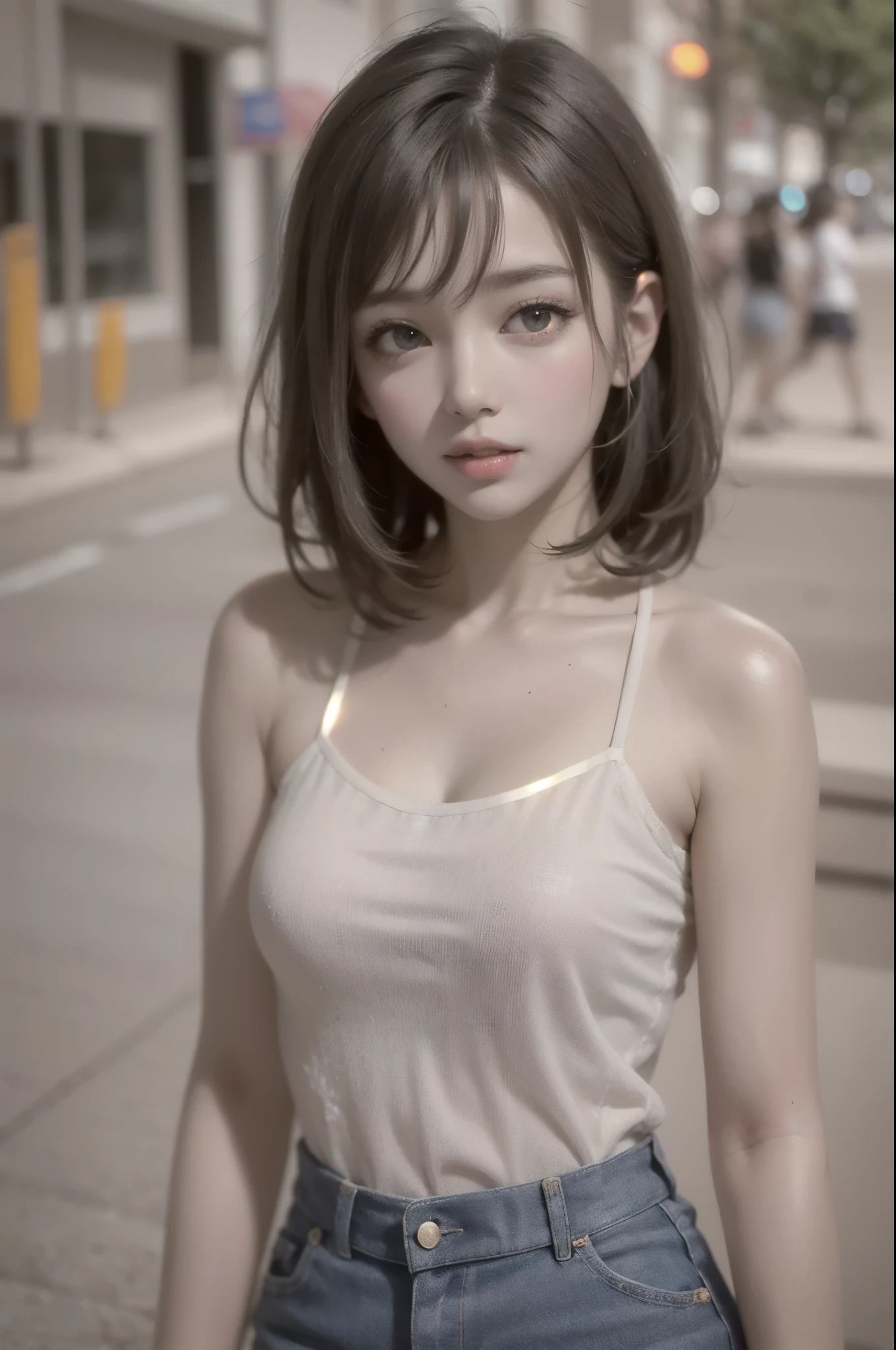 (,Street lamp,moon),masterpiece, One woman, Solo Exhibitions, Beautiful woman with small breasts,Beautiful Goddess Portrait, Beautiful and elaborate face, Porcelain-like skin, (((Full Shot,center, night, Black Hair, short hair)), Very soft lighting, Symmetric, complicated, grace, Attention to detail, realism, art, concept art,White clothes