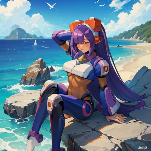 layer_megamanx, 1girl, solo, long hair, purple hair, blunt bangs, hair over eyes, large breasts, dark skin, dark-skinned female, android, underboob, robot ears, overlooking the ocean on the edge of a rock, in the style of avian-themed, realistic yet stylized, villagecore, azure, orange and azure, dragoncore, aerial view
