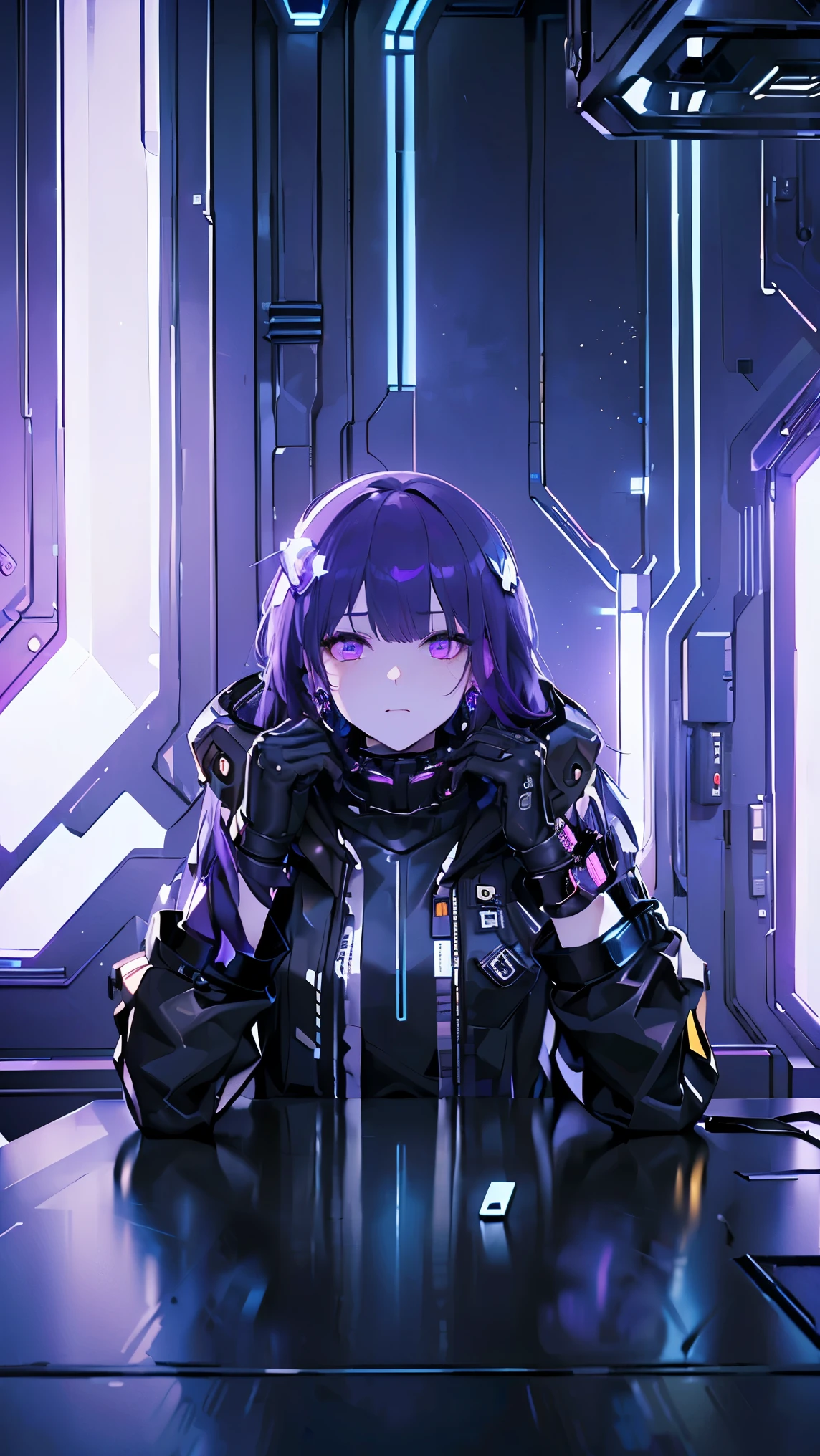 (((Best quality, 8k, Masterpiece: 1.3)), ((best quality)), ((masterpiece)), (detailed), perfect face, cyberpunk, jacket, leather pants, cybercity, night, purple hair, goggles, crystal earrings, Futurism, cinematic lighting, ray tracing, backlighting, very long hair, crystal hair, expressive hair, acid rain, Air pollution, loneliness, Solitude, Mechanical gloves