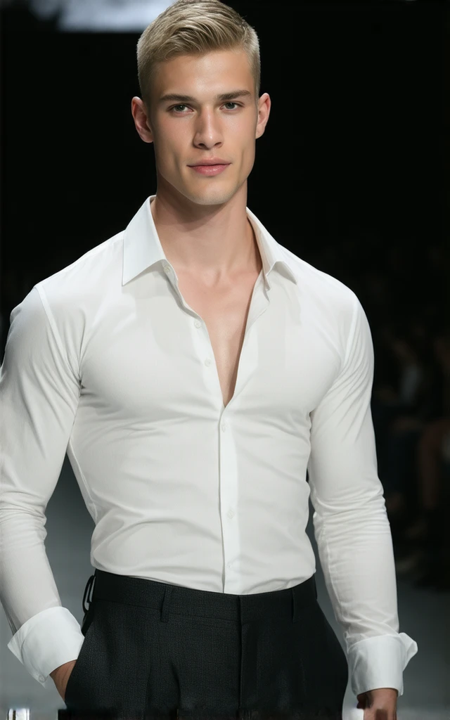 Japanese male model, handsome, cool, perfect body, big muscles, short hair, white skin, wears flowing see-through clothes, sexy poses, catwalk, led lights,
