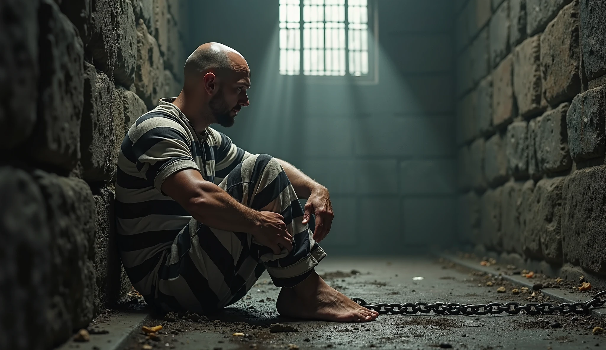 Best quality， tmasterpiece， A high resolution，A bald abdominated prisoner handsome man sits barefoot in a shackled chained torture device sitting in a prison cell