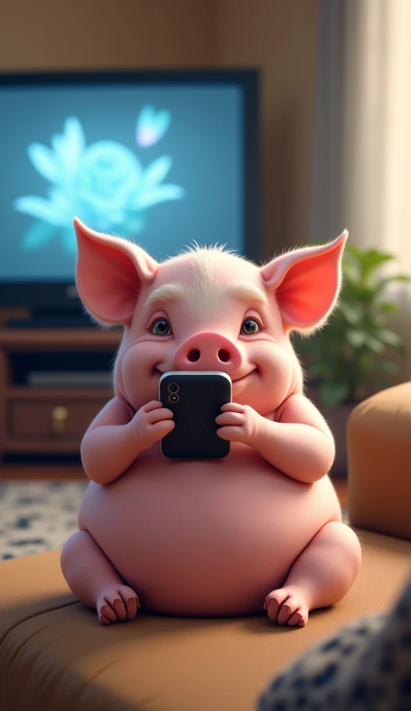 A pig holding a cell phone and looking at it smiling while sitting on a sofa
