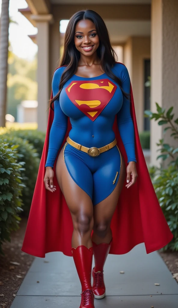 (Obra prima, master part, alta resolução), (Emily is a black African woman), (melhor qualidade,4k,8k,alta resolução,masutepiece:1.2) (RED HAIR), (BBW MILF, 40 ANOS DE IDADE), (enormes tetos: 1,9), (seios enorme), (QUADRIL ENORME), (BUNDA GRANDE), tiro da pelve, (sexy shine blue leather supergirl swinsuit), (ajoelhada), sexy, sensual, hot, sorridente, (Sagging Tits: 1,9), decotes enormes. (mesmo personagem, frente, lado, behind), perfecteyes,