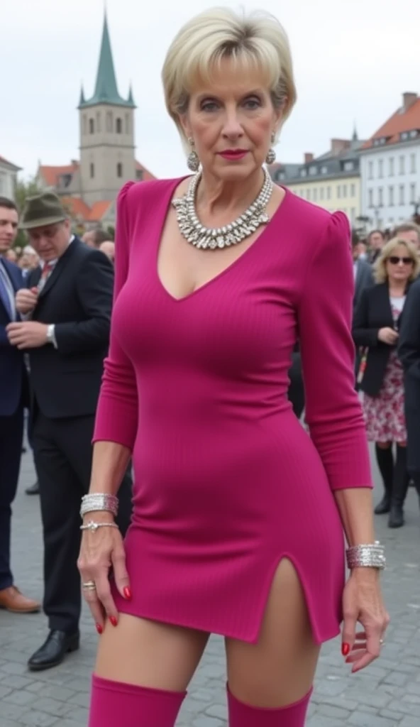 (Gorgeous queen elizabeth 80yo with gigantic breast running in the city, she's a lawyer, (vibrant green elegant chiffon dress with a deep neckline:1.4), red lips, (((saggy busty breast))), generous cleavage, realistic photography, (((distant from camera)))