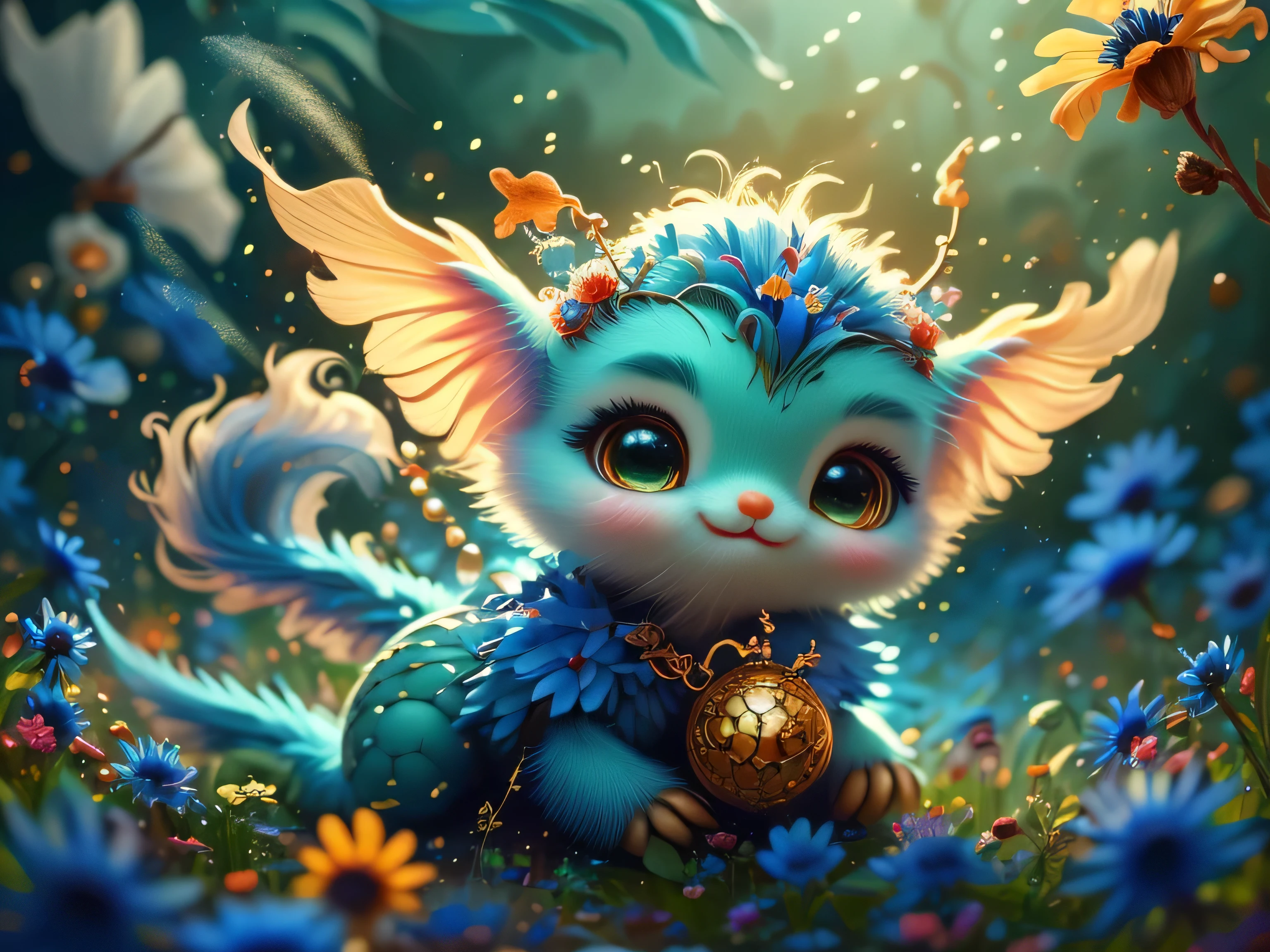 whimsical airbrush and oil painting, best angle of a Very cute mythical graceful transparent anthropomorphic blue cornflower spirit holds cornflower, thin arms, fragile thread legs, blue cornflower spirit, Mystical field where cornflower grows in a professional photograph by Awwchang :: Luis Royo :: WLOP :: Artgerm Lau :: Anne Stokes :: natural deep colors