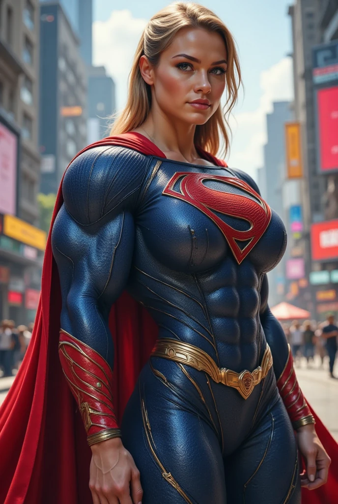 Sasha calle actress as super girl, toned abs, hyper muscular body, hyper protruding muscular arms, protruding large biceps, flex biceps, black eyes, black pixie Cut short, her long costume is a darker shade of blue than previous live-action versions of the character, and features a prominent red "S" symbol on the chest and a red cape, Attractive face, perfect eyes, beautiful eyes in the DC movie, Superman pose, on top of New York building