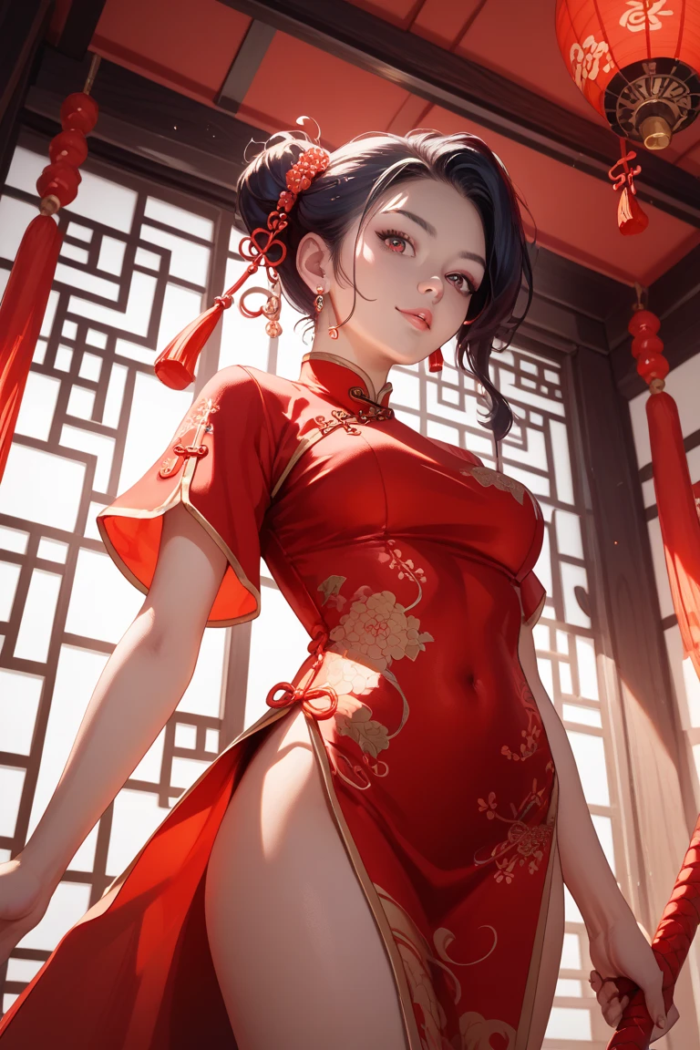 Best quality, (RAW photo: 1.2), (Masterpiece: 1.4), (Realistic: 1.4), (High resolution: 1.4), Chinese actress Gulinazha, depth of field, intricate details, 8k, very detailed, perfect lighting, epic background, big bust 1.3, cheongsam, large open 1.3 ((chest exposed)), perfect legs, red thong , beautiful butt ,