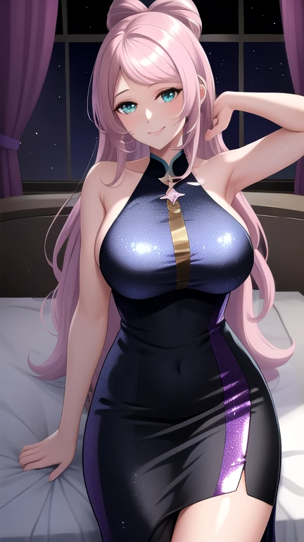 ((I want a woman alone, curvy and beautiful body, light blue eyes and purple wavy hair, sharp look, smile on her face and wearing a beautiful dress))