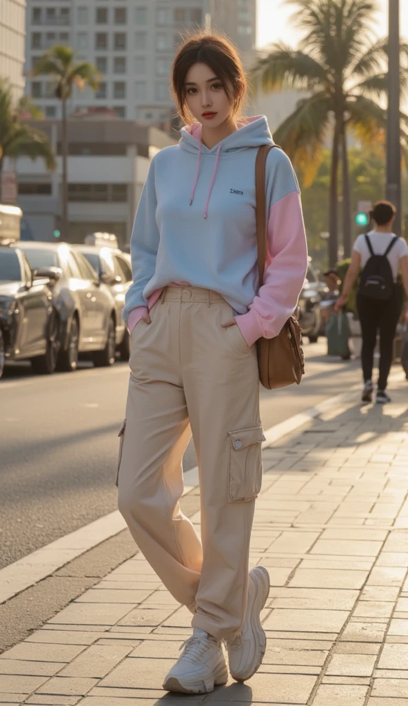 Beautiful Korean girl wearing a light blue long-sleeved shirt wearing a full high yellow hijab wearing tight pink jeans