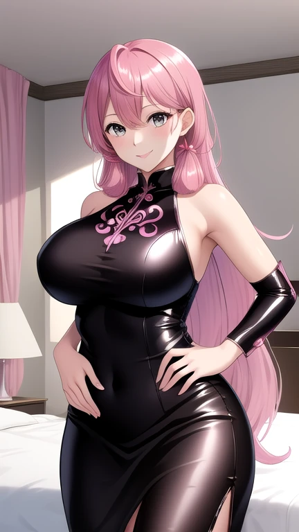 (Yaedef:1.4), 8k, highres, ultra detailed, (masterpiece:1.4), best quality, symmetrical body, (sexy tight black short latex dress with deep neckline:1.4), cute, solo, long hair, pink hair, purple eyes, glow effect, finely eye, wide smile, detailed face, looking at viewer, smilling at viewer, restaurant, angled view, huge breasts, sitting