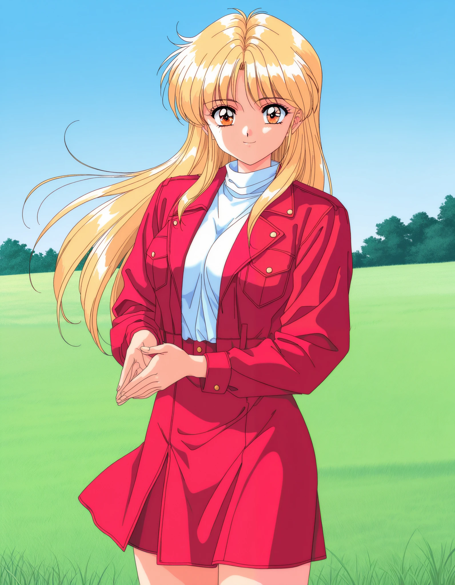 general,highres, ultra-detailed,very aesthetic,best quality ,best hands, BREAK rika, 1girl, solo, blonde hair, long hair, orange eyes, large breasts, 1990s (style), retro artstyle, game cg style,
jacket, shirt, skirt,
smile,looking at viewer, cowboy_Shot,
grass, sky, day,