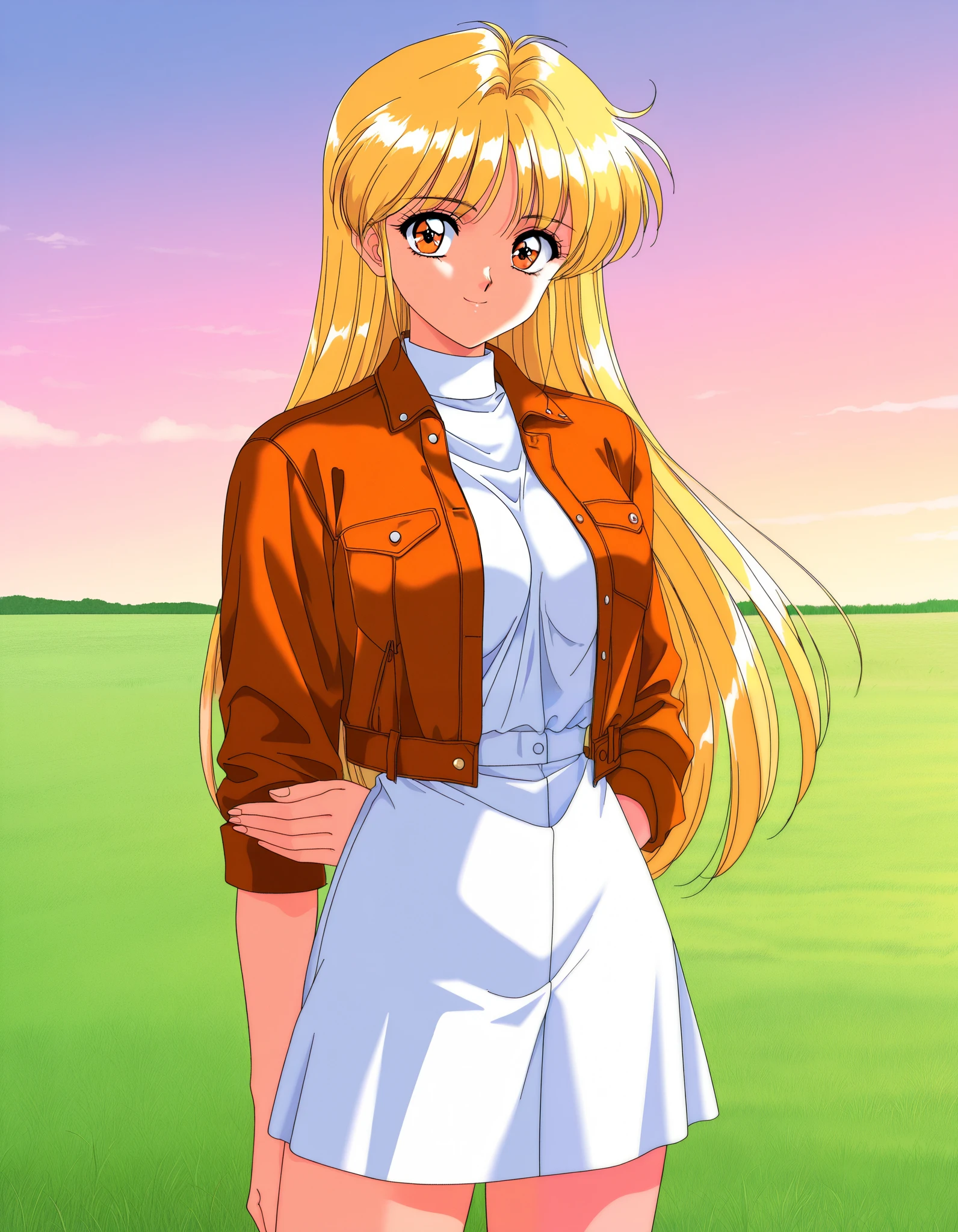 general,highres, ultra-detailed,very aesthetic,best quality ,best hands, BREAK rika, 1girl, solo, blonde hair, long hair, orange eyes, large breasts, 1990s (style), retro artstyle, game cg style,
jacket, shirt, skirt,
smile,looking at viewer, cowboy_Shot,
grass, sky, day,