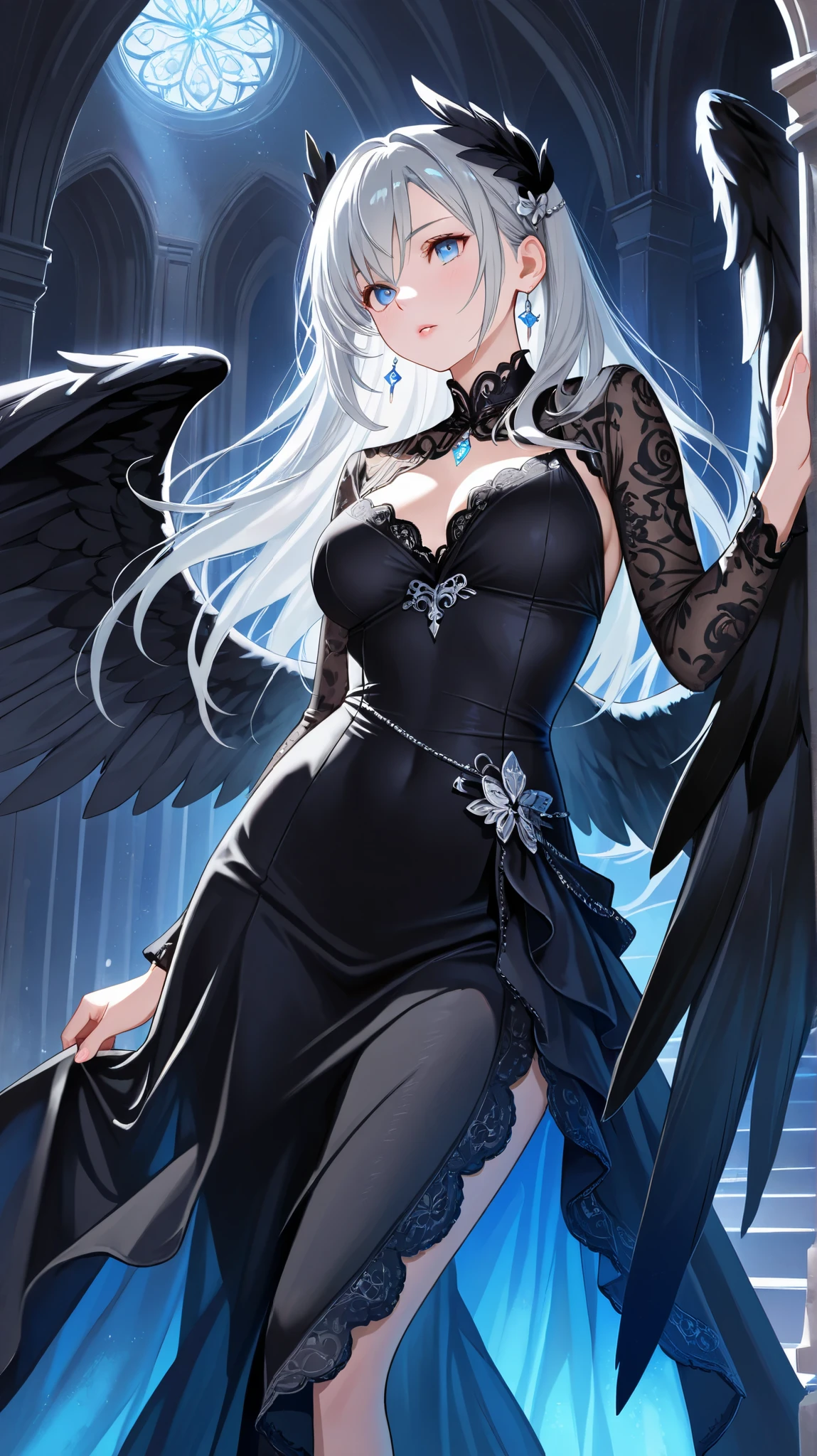 Masterpiece, Best Quality, Top Quality, Very Detailed, A beautiful dark angel with silver hair, deep blue eyes, and majestic black wings. She wears an elegant black lace dress, exuding mystery and allure. Soft glowing light enhances the ethereal, fantasy atmosphere. Highly detailed, semi-realistic art style.