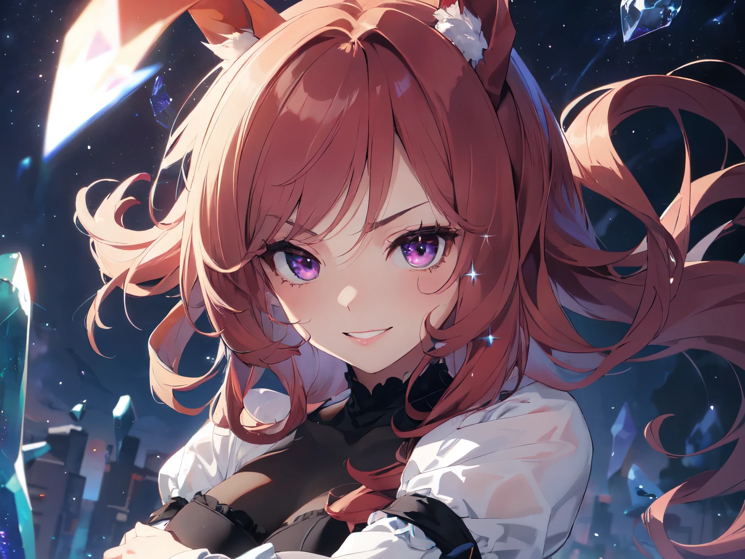 (Solo), ((Mature woman with horse ears and tail)), ((Hidden in her lap with her arms folded))). Big smile. Showing teeth, face down, long bangs, thick long eyebrows, long hair and ponytail blowing in the wind, (((Red hair, purple eyes))), pink lipstick, ((Blue high neck dress, black pantyhose, skirt, see-through sleeves)). ((Crystals on dark background, crystal world, starry sky at night)). ((Close up of upper body from head to torso, focus on chest)), (Full Anatomy, UHD, Retina, Masterpiece, Accurate, Anatomically Correct, Ultra Detailed, High Quality, Award Winning, Best Quality, High Resolution, 16k)