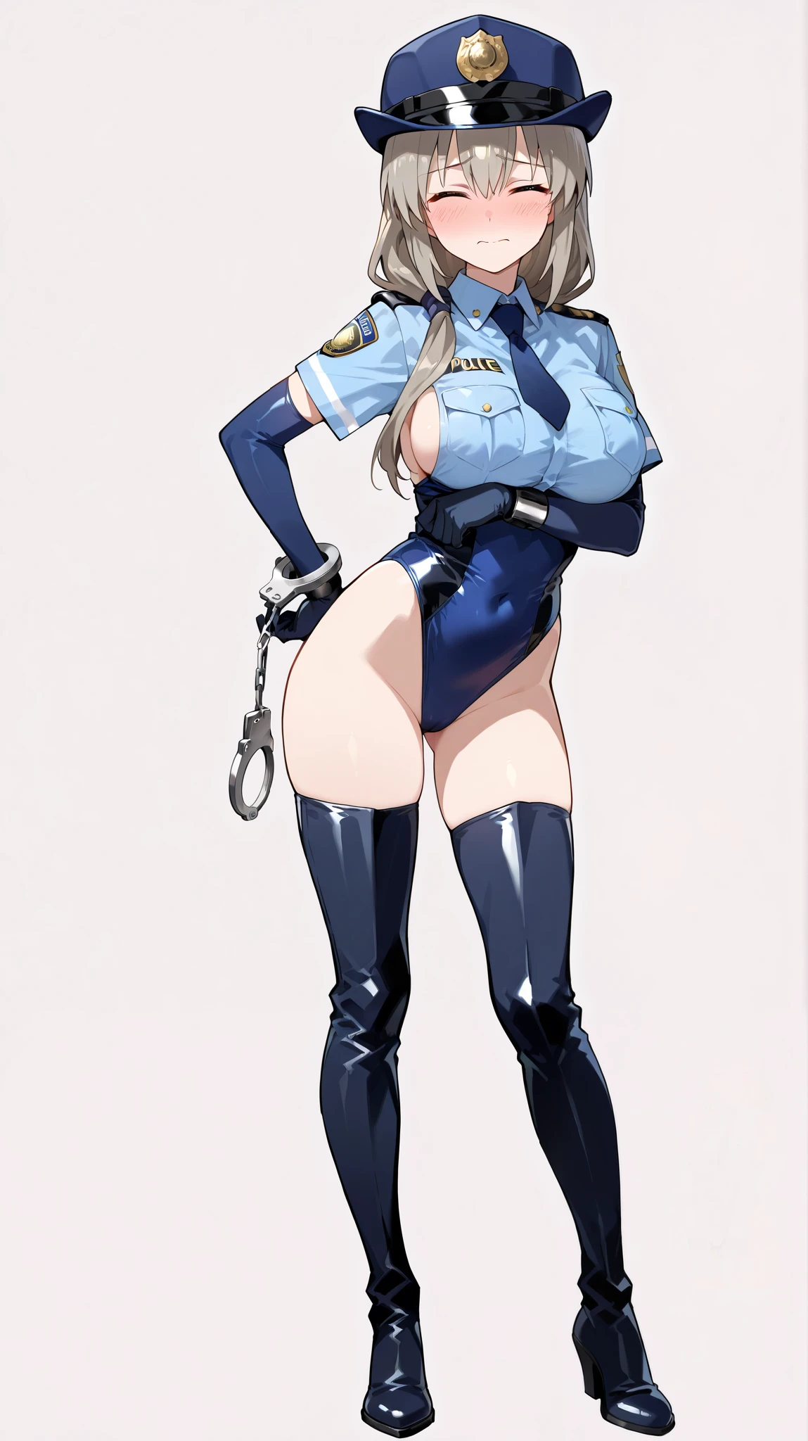 (masterpiece), (best quality), (high res),1girl, tall body, ((long hair, grey hair, ponytail hair)), (black eyes), beautiful detailed eyes, beautiful detailed face, cute face, perfect hands, complete fingers, perfect anatomy, perfect proportions, ((hat, jet black police hat)), ((leotard, matching leotard, bare legs)), ((boots, matching boots)), breasts, medium breasts, fingerless gloves, (full body portrait), looking at viewer, (solo, solo focus), standing, police uniform, shoulder pads, cowboy shot, office backdrop, indoors, (belt, tight belt), (armbands, white sleeves), one hand on hip, serious, full body costume design.