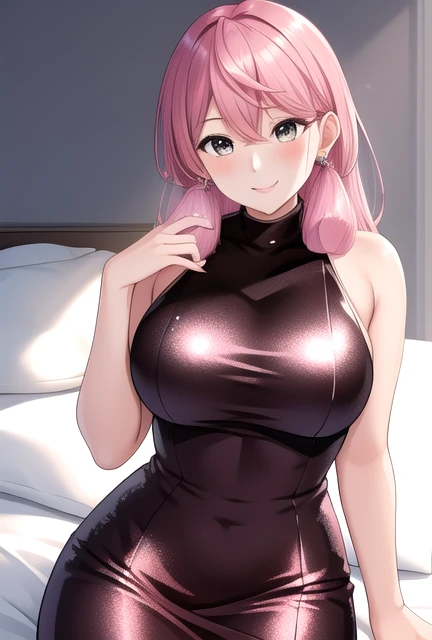 (highest quality: 1.3), (masterpiece: 1.3), (Super detailed: 1.3), (wall-, one girl, liar: 1.1), ([diamond: 1.3|eye]:1.2)、([opal:1.9|Slope_hair:1.1]:1.2)、(delicate hands and fingers:1.2)、(Detailed super oily shiny skin:1.1)、([wettie:0.8|Mukoi])、oily shiny thighs、high school girl、(perfect pink nurse costume:1.5)、Pink hair、pink panties、short-hair、bouncing hair、beautiful sister、smile、(hospital:1.2)、night scene、hospital room、bed、bedに寝転がる、(beautiful big breasts:1.2)