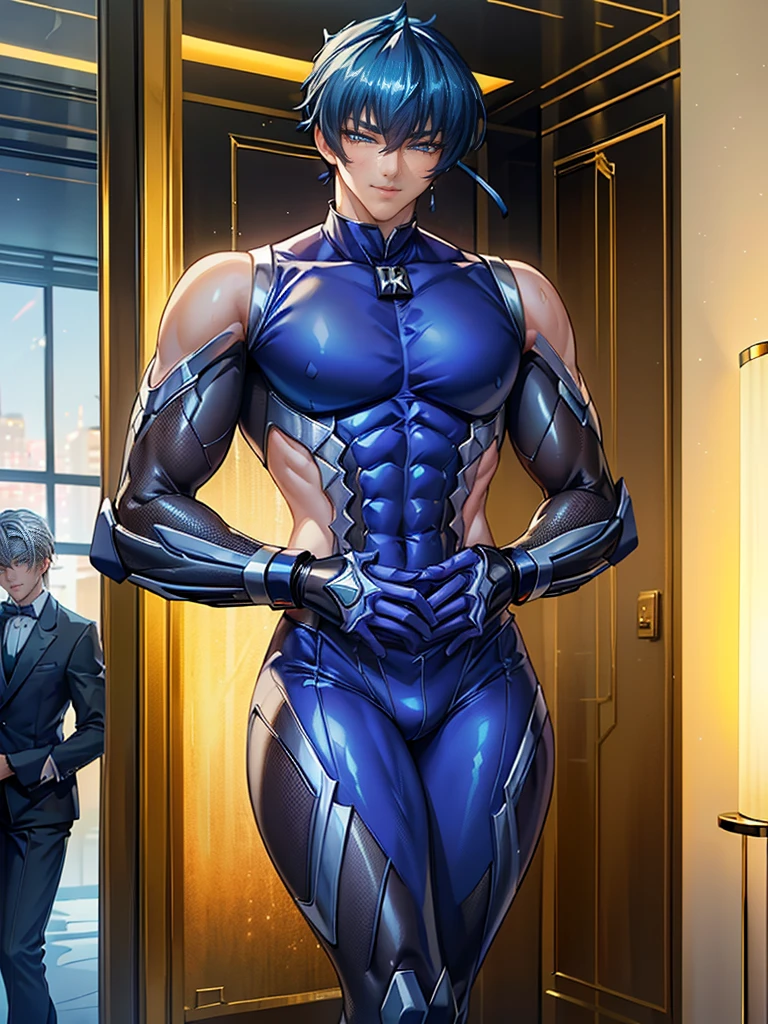 There is a man in a straitjacket posing in the room, anime characters; Full body art, posing as Jojo characters, muscular!! Sci-fi, full body Zen! Asuka set, muscular! Cyberpunk, gynecological body, gynecological cyborg body, male anime characters, Opai cyberpunk, clothes under the Asuka suit! , muscular!! Mole under the eyes, raised eyebrows, verism, anime, depth of field, character chart, pov, ultra wide angle, high detail, first-person perspective, panorama, zoom layer, uhd, ccurate, textured skin, high detail, high resolution, best quality, 1080P, MASTERPIECE. Male anime character, blonde, verism, anime, depth of field, character chart, pov, ultra wide angle, ultra hd, ccurate, textured skin, high detail, high resolution, best quality, 1080P Full body picture, with feet, beautiful legs slender.  Close-up of a man in swimsuit, in swimsuit, Kentaro Miura style, tall anime man with golden eyes, male anime character, anime vtuber full body model, handsome anime pose --auto --s2