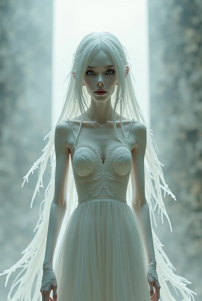 Make a young girl with long white hair, pale white skin, purple eyes 
She is naked, in a medieval room and the room is dark 