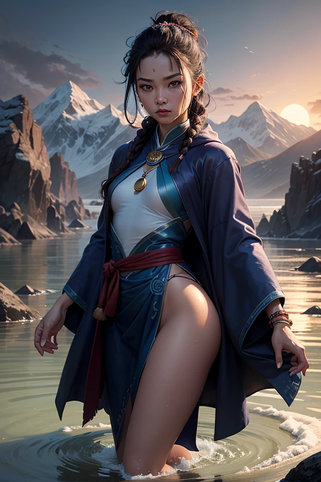 cinematic style, creates female Chun-Li in 2023, full body Make sure the representation is faithful to the design, alone, maintaining the quality of a character, training in a waterfall --auto --s2