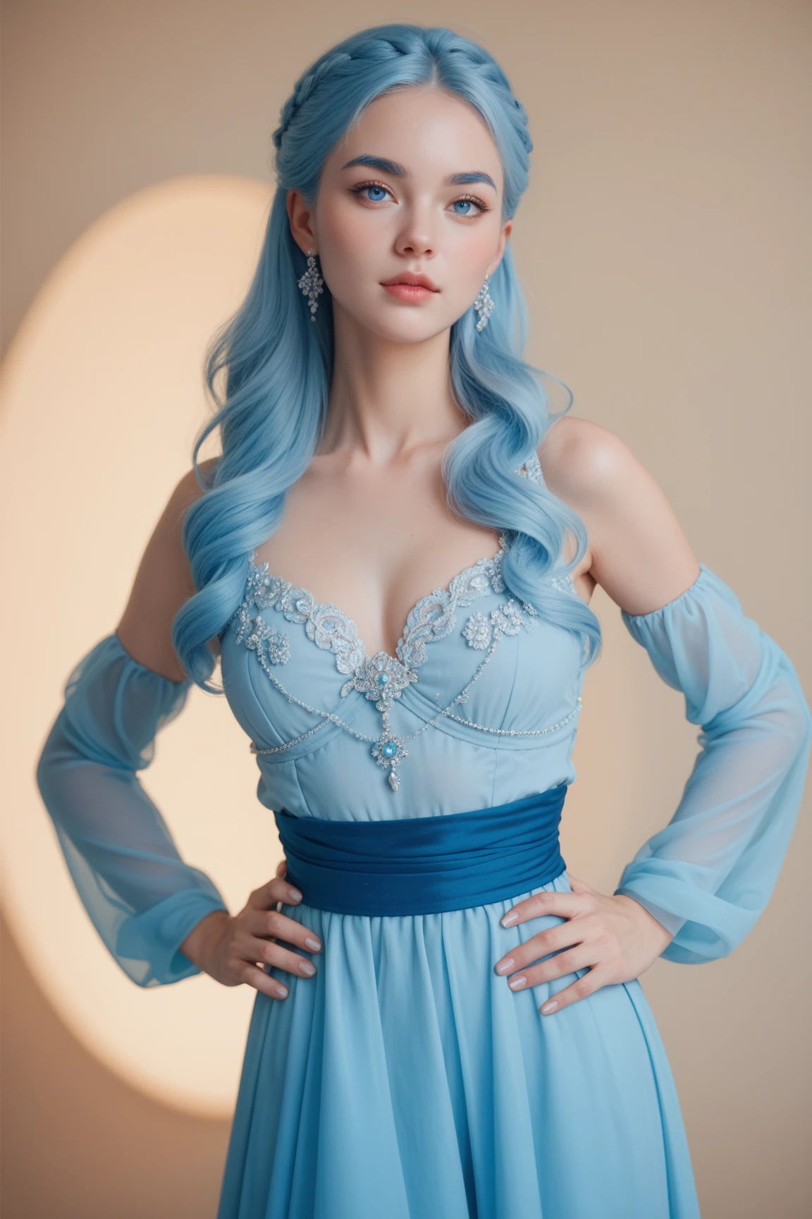1 women, oval gem on her chest,a slender and graceful figure, with a distinct color scheme and features. Her skin is a pale, soft blue and pink-ish coloring. Her hair is a cascade of soft, silvery-blue pink-ish waves, styled elegantly. She wears a flowing, asymmetrical gown that shifts between shades of light blue and iridescent white pink-ish, 1 steven universe