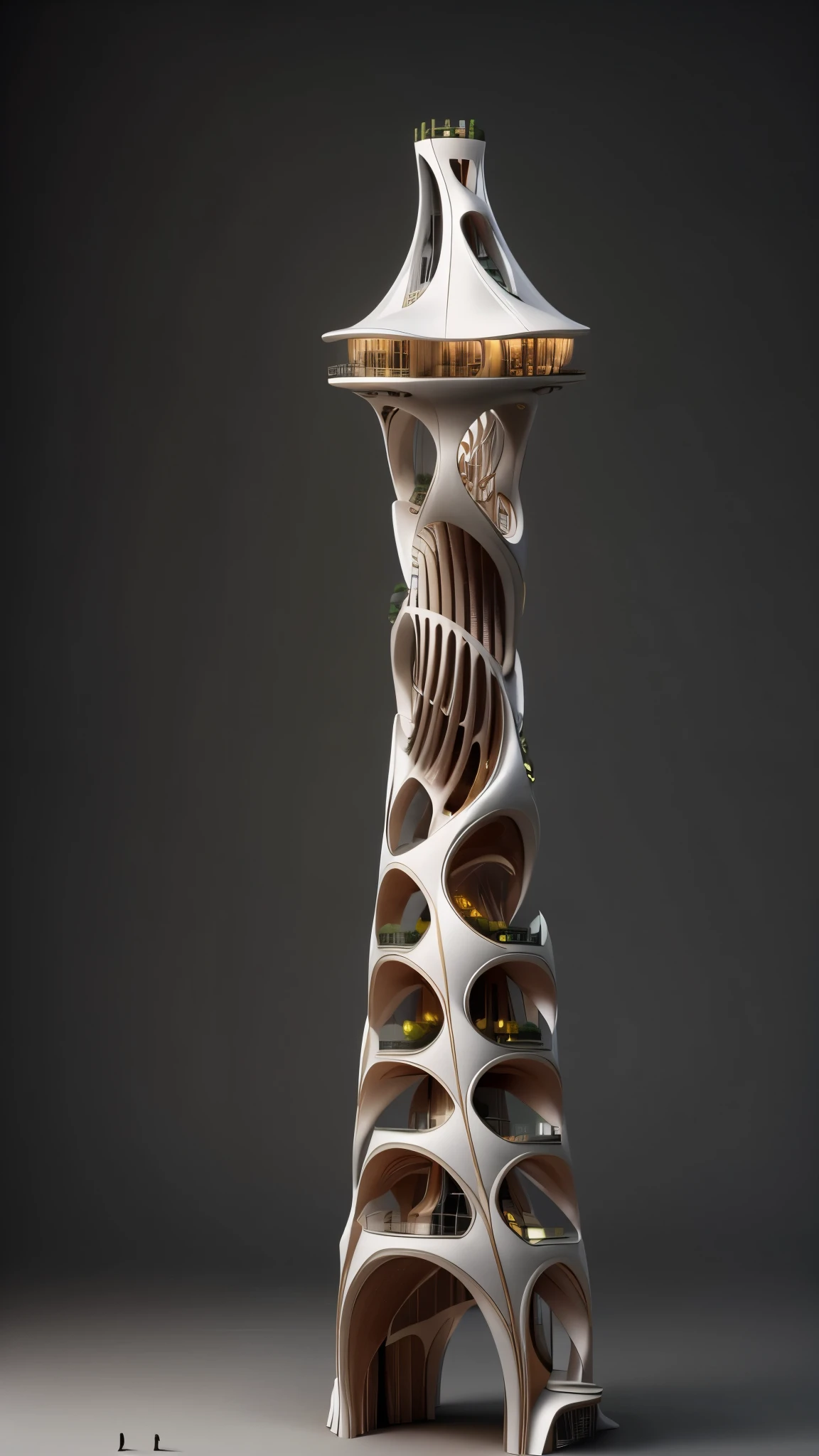Create an image of a traditional yet futuristic wooden observation tower designed for the Oromo people in Ethiopia. The tower should feature a unique, culturally-inspired design with a flying saucer-shaped top supported by three slender wooden legs forming a tripod base. Use a palette of white, black, and red colors to reflect Oromo cultural heritage. Incorporate traditional Oromo patterns and motifs into the design. The structure should be set against a vibrant Ethiopian landscape with rolling hills and lush greenery. Emphasize the tower's blend of modernity and cultural identity.