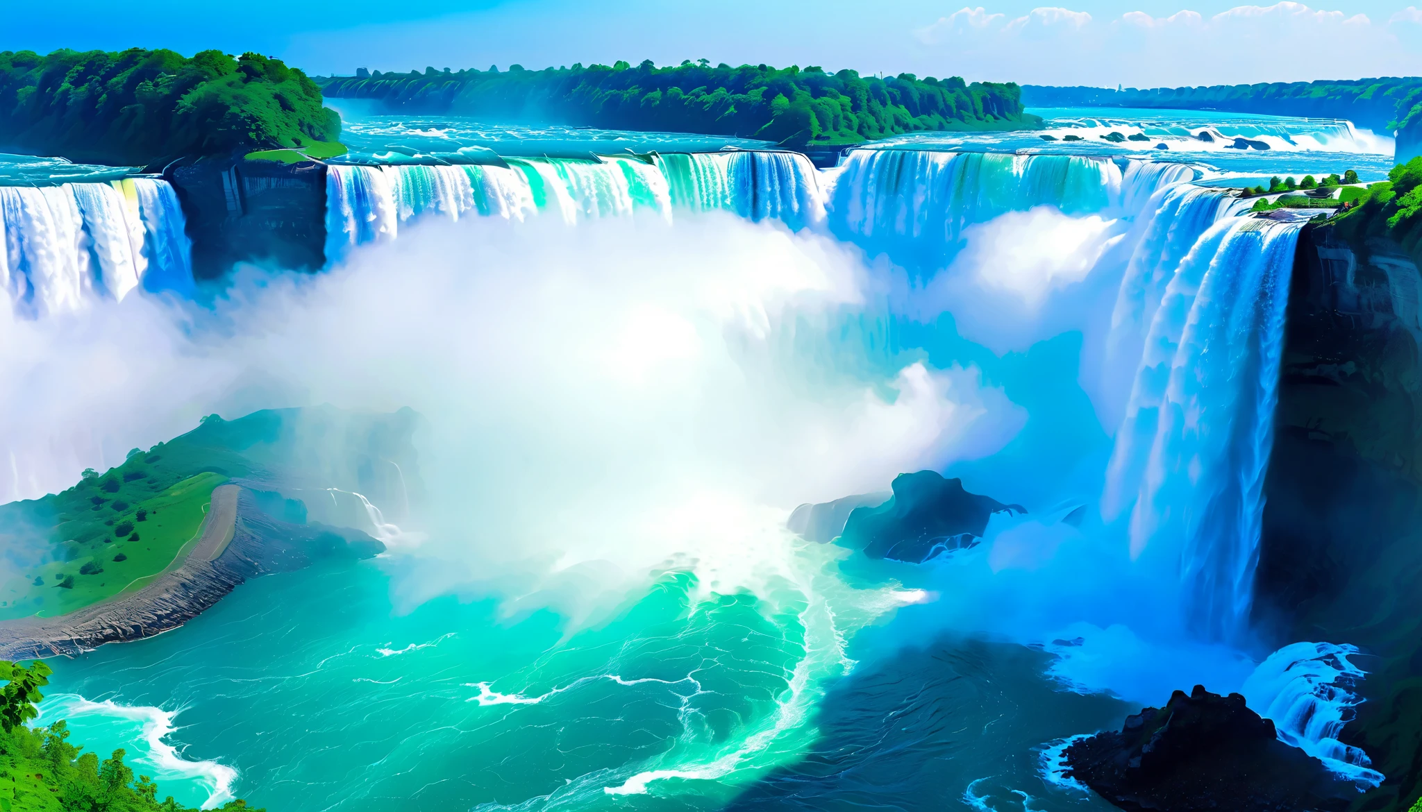 (best quality),(masterpiece:1.2),(very detailed:1.2), Ultra High Resolution ,RAW color photos,8k, large landscape photography , Beautiful landscape, Young asian short cut naked women , detailed pictures,written boundary depth,sharp concentration, in the cloud,(Niagara Falls has two tiers),Asahi, beautiful color,written boundary depth,Wide Light,low contrast,backlight,sharp concentration,bright color, Scenery seen from above ,