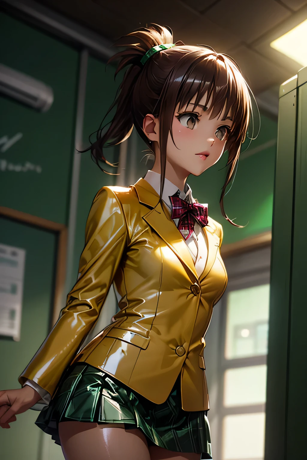 Completely-Wide Best and highest quality, highest resolution,(((Light yellow school uniform in metallic shiny latex blazer shiny latex green plaid mini skirt dark maroon hair with metallic luster ponytail))) Yuki mandarin orange ToLOVEru flat breast