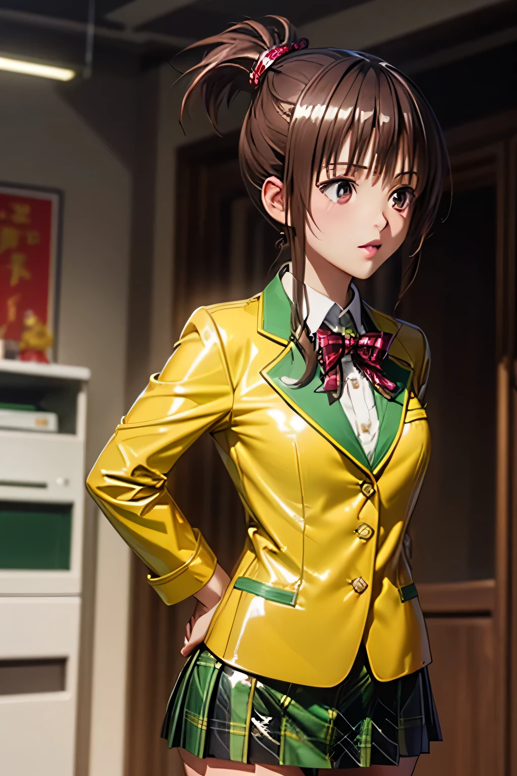 Completely-Wide Best and highest quality, highest resolution,(((Light yellow school uniform in metallic shiny latex blazer shiny latex green plaid mini skirt dark maroon hair with metallic luster ponytail))) Yuki mandarin orange ToLOVEru flat breast