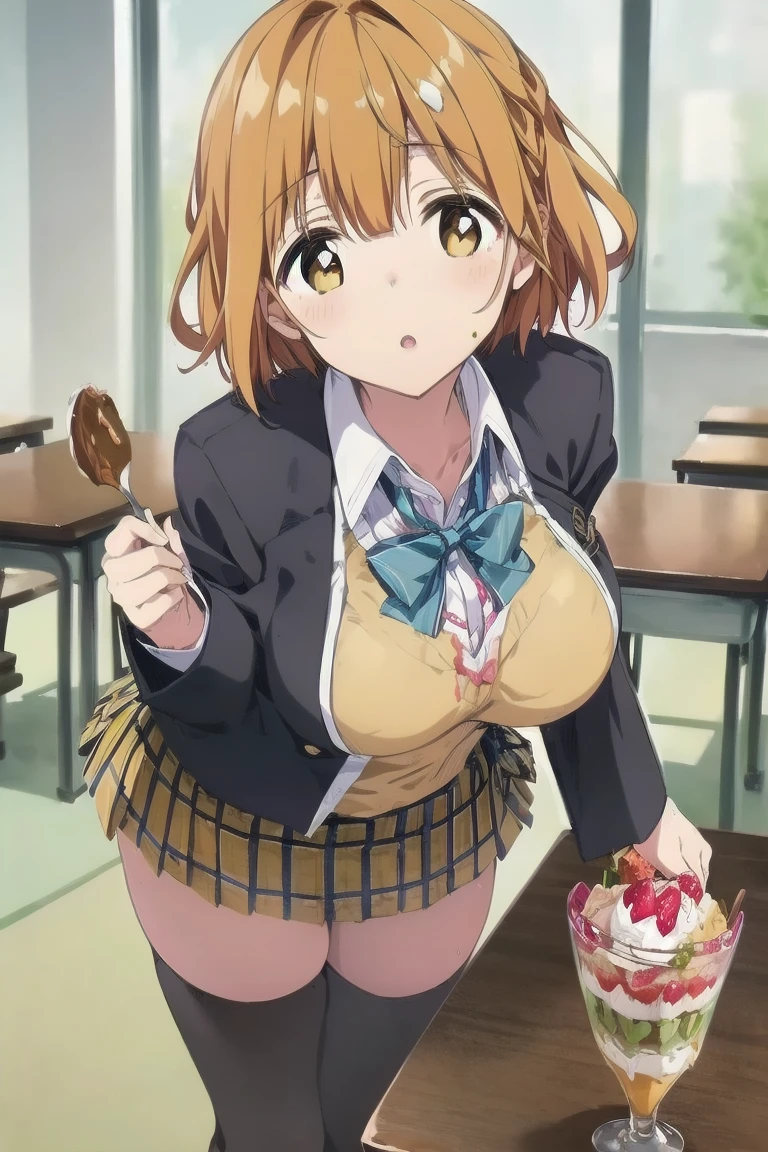 girl,huge breasts,cleavage,short hair,redhead,school uniform,Happy,smile,eat cake