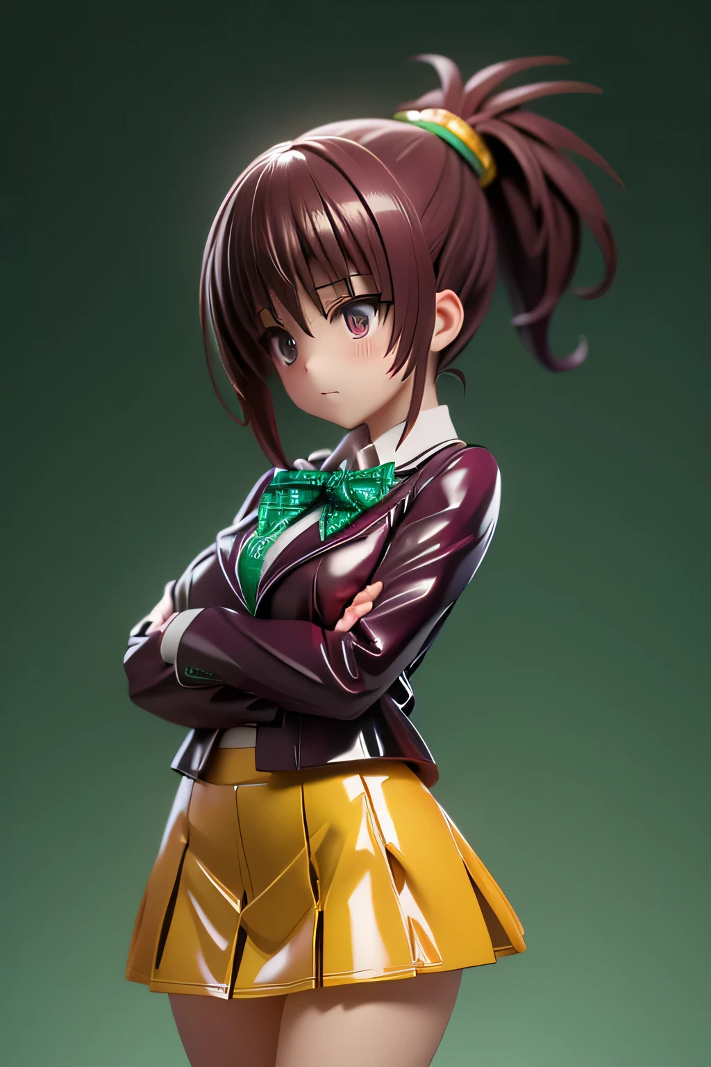 Completely-Wide Best and highest quality, highest resolution,(((Light yellow school uniform in metallic shiny latex blazer shiny latex green plaid mini skirt dark maroon hair with metallic luster ponytail))) Yuki mandarin orange ToLOVEru flat breast