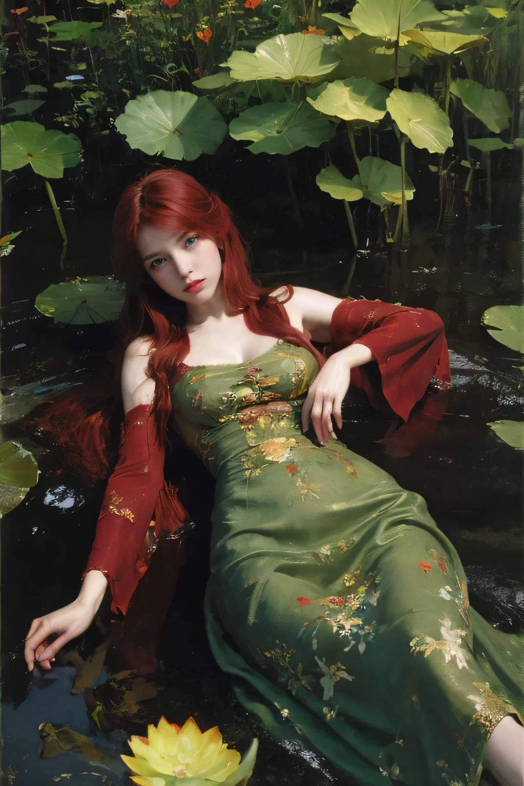 Girl with red hair and emerald green dress, with red magic in your hands