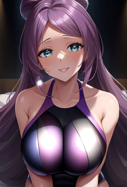 (Masterpiece), Best Quality, ultra-detailed, 1girl (jessie pokemon, Big and pretty breasts, naked body, purple hair, very long hair,blue eyes, half-closed eyes),evil face, smirk, parted lips, head tilt, mascara, full makeup, black eyeshadow, red lipstick, solo, , see-through negligee, non slings, cleavage, in the bedroom, night time, standing, Sexy waist teasing,from_below