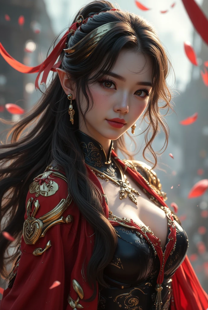 Epic conceptual high quality masterpiece art, an ultra detailed image creation, a vivid scene depicting a circus in the cosmos, sharp focus on a centered female ringmaster of the circus, monochromatic background, ultra detailed photorealism filter style, perfectly illustrated exact costume, short circus dress, elegant figure, no make-up, no mask, real skin texture, looking forward to the viewer, half body portrait, artist perfection, vibrant colors, dynamic lighting, cinematic top-notch work by