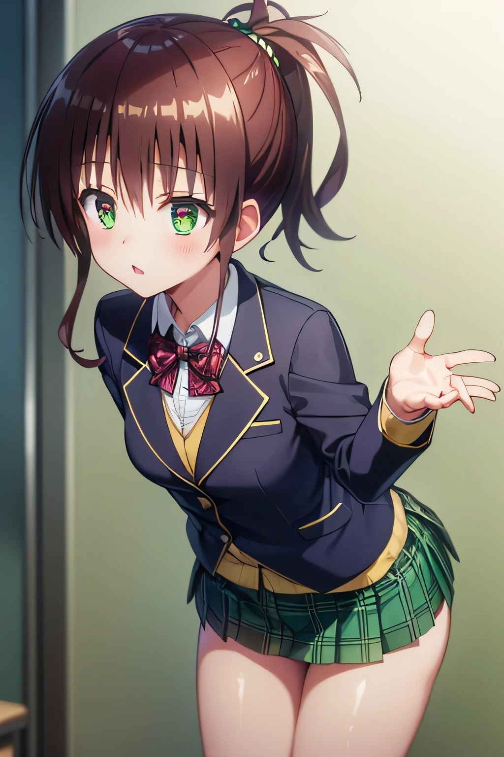 Completely-Wide Best and highest quality, highest resolution,(((Light yellow school uniform in metallic shiny latex blazer shiny latex green plaid mini skirt dark maroon hair with metallic luster ponytail))) Yuki mandarin orange ToLOVEru flat breast