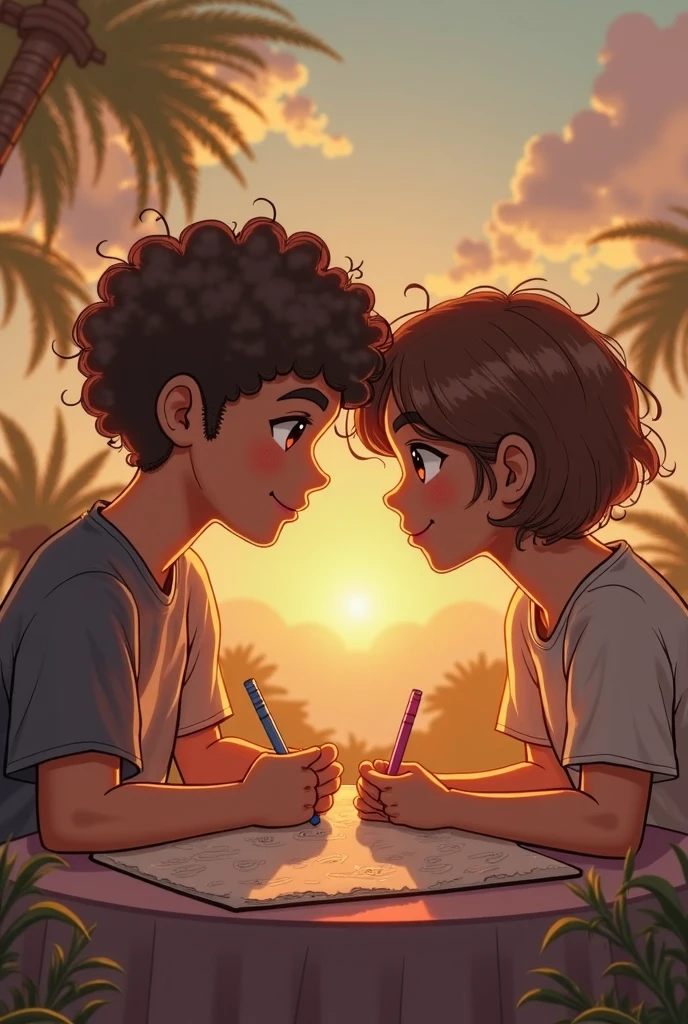 gay couple, where one is a Latino teenage boy, straight medium hair, light eyes, well-defined jaw, athlete's body and charming smile. While the other is a Brazilian teenage boy, medium-long curly hair, dark brown eyes, diastema, dancer's body, goatee and dazzling smile