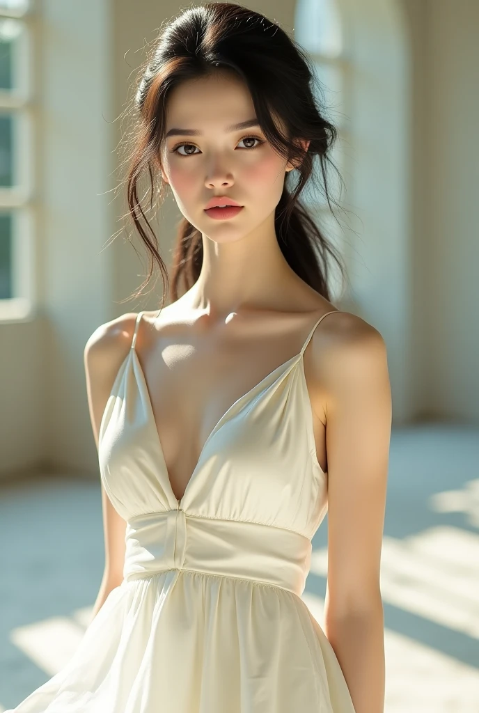 (Photorealistic),(Masterpiece),(ultra-detailed),a close shot of a tall very beautiful and extremely thin girl who is literally just skin and bones because of being severely malnourished and looks so fragile and delicate and has large expressive eyes and very small head, can see all her bones,she has very small and thin body frame and legs,extremely slender build, sitting on a chair, wearing a long white full loose silky flowing dress like a fairy, a waistband on the dress