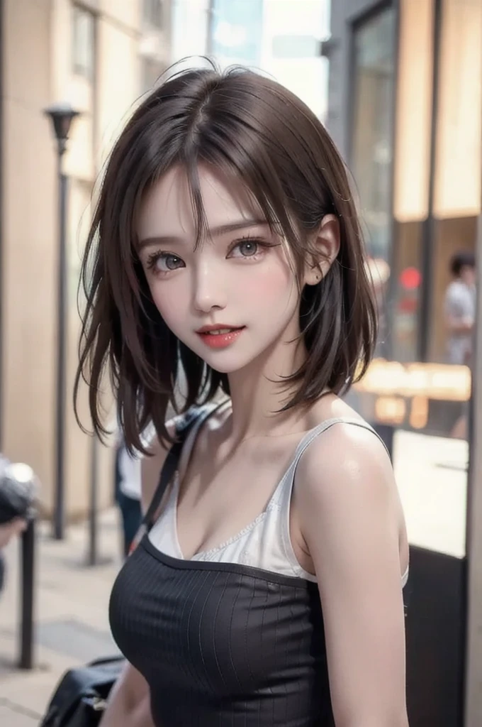 (logo, masterpiece, 8K, Tabletop, RAW Photos, wonderful, 最high quality, Photorealistic and very detailed CG composite 8k wallpaper, high quality, Very detailed, Narrative poem, Particle Effects, Dynamic Effects, Depth of the Boundary, Cinematic Light, Lens flare, Ray Tracing), short hair beautiful young woman, Hair tied back, high detail skin, very fine, fine skin texture, beautiful face, realistic eyes, beautifully detailed eyes, realistic skin, beautiful skin, surreal, smiling eyes, Hair and light eyes, Vibrant, Colorful lights and bokeh. The lighting casts a warm glow on her face and hair, Blue glow, Water surface reflection, Creates a dreamy and magical atmosphere, Big Breasts, Brown Hair, short hair, plump lower lip, pink blush on the cheeks , pink lips, brown tight no-shoulder knit sweater