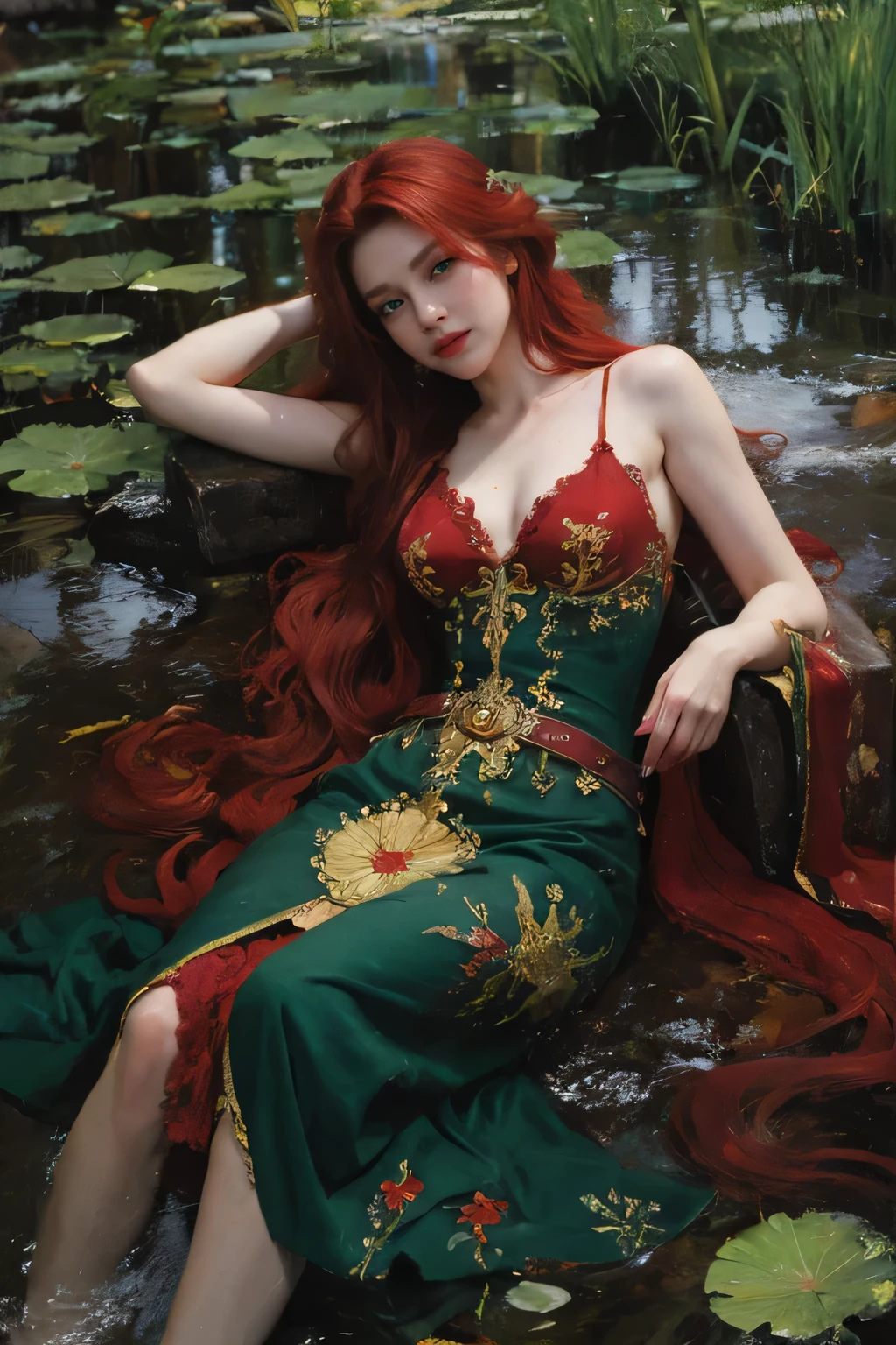 a beautiful attractive slender shaman woman, with longe red hair, green eyes, freckles,bust extra large, short red medieval dress with lace cords, in the background a lake with orchids and lotus