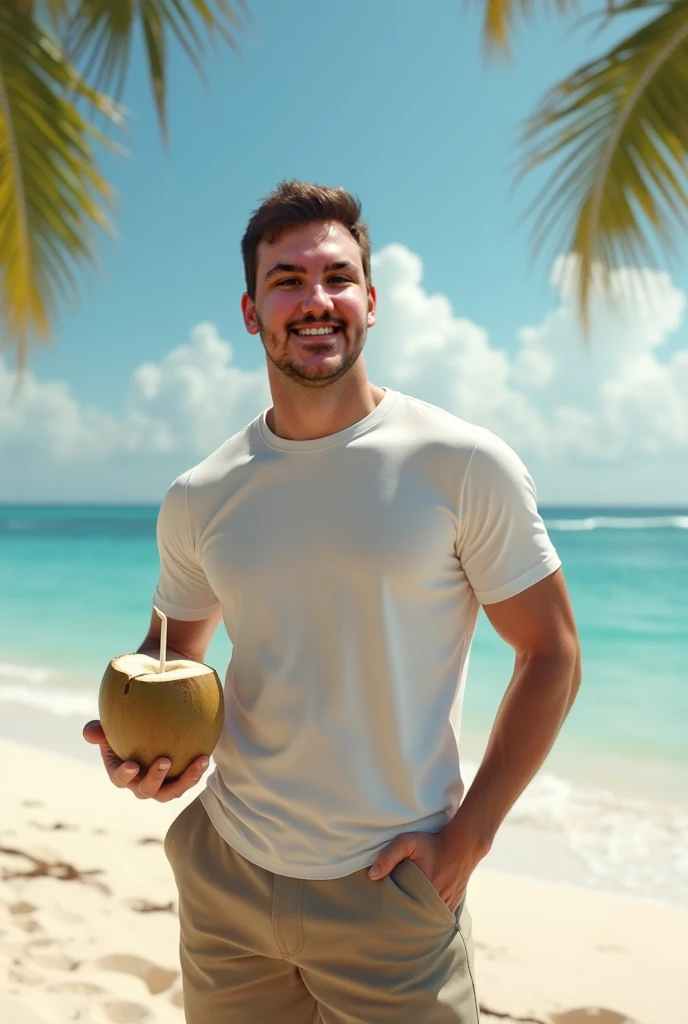 photorealistic, best quality, masterpiece, extremely detailed, sexy, homoerotic, extremely handsome, 20 year old samoan man, smiling, holding out a hand towards camera, an assortment of seashells in his hand, walking on the beach, extremely romantic atmosphere, perfect face, perfect fingers, perfect hands, perfection